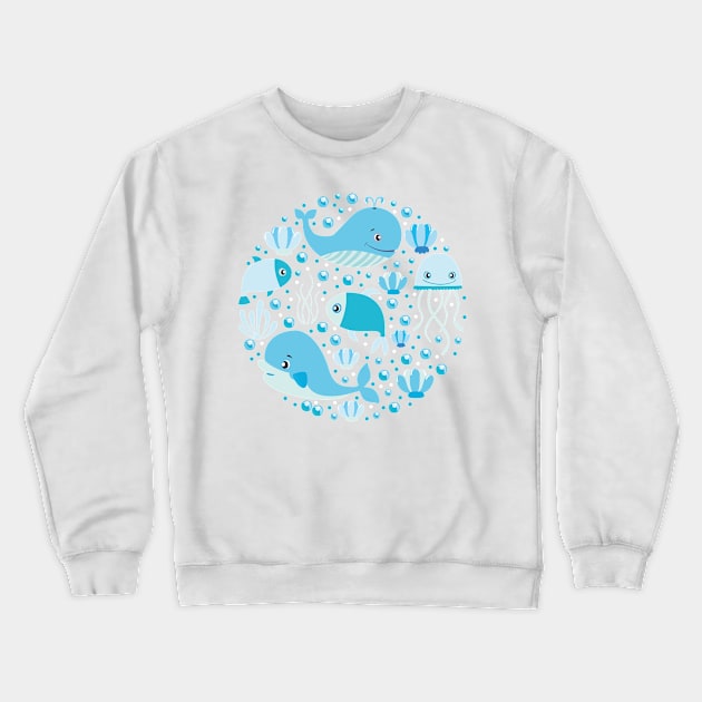 Blue Cartoon Whale Art Print Crewneck Sweatshirt by MariaStore